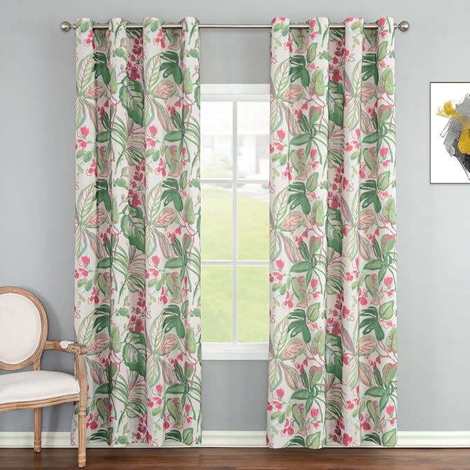 Leeva Green and Pink Hues Print Window Curtains, Leaves Flower Farmhouse Garden Style 84 Inch Long Semi-Blackout Curtain and Drapes for Living Room Guest Room Bedroom, 2 Panels
