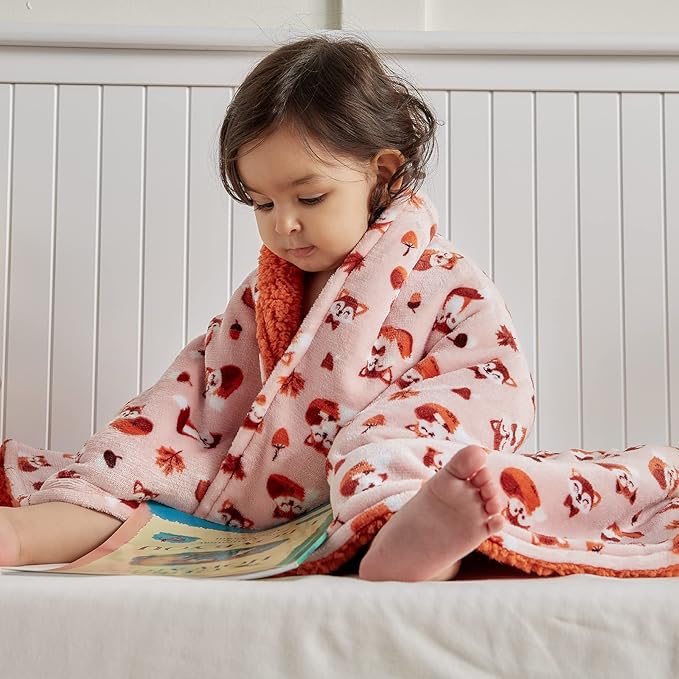 DaysU Plush Flannel Sherpa Baby Blanket for Girls Boys, Portable Reversible Soft Micro Fleece Baby Crib Throw Blanket with Animal Print for Newborn and Nursery, Fox, 30"x40"