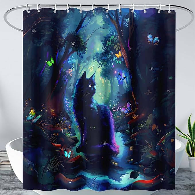AILONEN Black Cat Shower Curtain,Cartoon Cat Shower Curtain Set for Kids Boys Girls,Boho Style Butterfly Shower Curtain Curtain for Bathroom,Mysterious Forest Curtain Set with Hooks,72" W*72" H