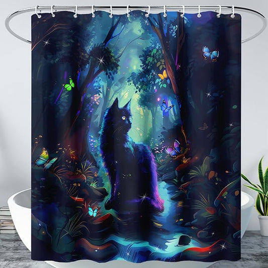 AILONEN Black Cat Shower Curtain,Cartoon Cat Shower Curtain Set for Kids Boys Girls,Boho Style Butterfly Shower Curtain Curtain for Bathroom,Mysterious Forest Curtain Set with Hooks,72" W*84" H