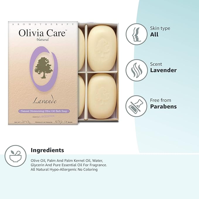 Olivia Care Lavender Bar Soap-4 pack box set - 100% Natural Ingredients, Organic, Vegan - For Face & Body, Cold-pressed Triple-Milled, Hydrating, Moisturizing, Infused Calcium & Vitamins - 4 X 5 oz