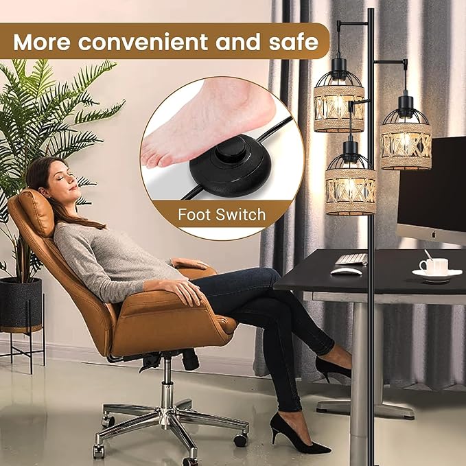 Floor Lamp for Living Room,Bedroom,3-Lights Boho Rattan Tree Floor Lights,Industrial Black Farmhouse Standing Lamp Wicker Rustic Tall Lamp,Woven Bamboo LampShade Floor Lamps Bohemian