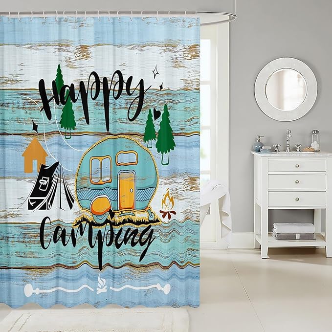 Feelyou Happy Camping Bathroom Waterproof Accessories with 12 Hooks Blue and Orange Camper Fabric Shower Curtain for Kids Farmhouse Style Shower Curtain Vintage Barn Door Curtains,72X72 Inches