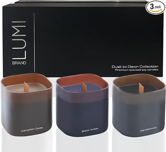 Set of 3 Scented Soy Candles Gift Set | Dusk to Dawn Collection | 3 Scented Candles - Canadian Cedar, Black Amber, and Sandalwood | Crackling Wood Wick | Clean Burn | 50+HR Burn Time, 9.8oz Each