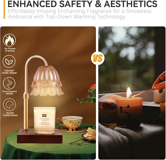 Candle Warmer Lamp with 3 Bulbs, Adjustable Height Dimmable Candle Warmer with Timer, Compatible with Large Jar Candles, Flower Candle Warmer with Charming Gift Box Ribbon(Light Brown)