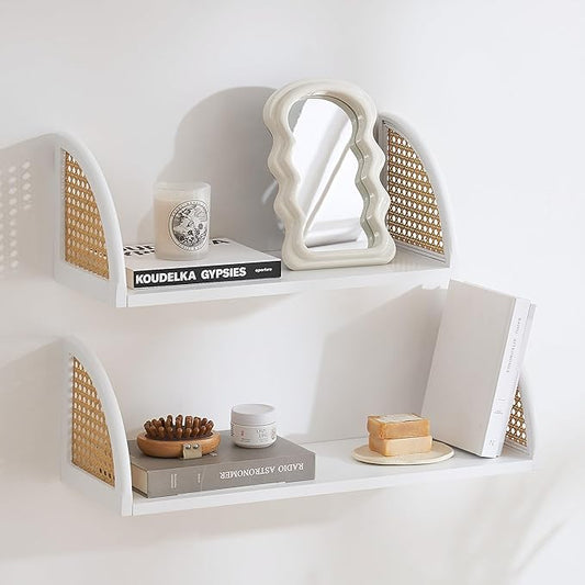 Rattan Wall Shelf 16inch Floating Shelves Rustic Wood Wall Mounted Storage Shelves for Living Room Bathroom Kitchen Boho Wall Decor，White