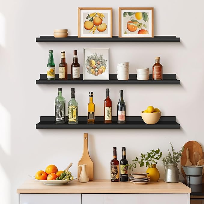 Annecy Floating Shelves Wall Mounted Set of 3, 36 Inch Black Rustic Wood Shelves for Wall, Wall Storage Shelves with Guardrail Design for Bedroom, Bathroom, Kitchen, Office, 3 Different Sizes