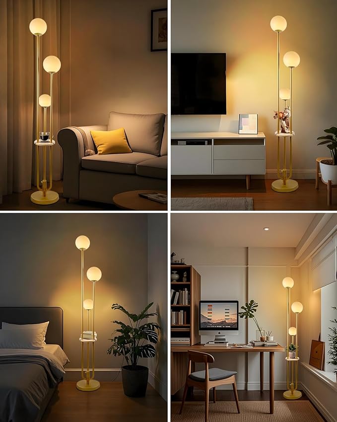 63IN Dimmable Floor Lamp with Shelf, Unique Globe Gold Tall Standing Lamps with 3 Poles, 3000K Warmwhite Mid Century Modern Floor Lamp for Living Room Home Office(Bulbs Included)