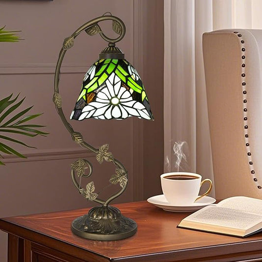 Tiffany Lamp,21x11x8 inches Stained Glass Lamp,White Chrysanthemum Tiffany Style Table Lamp with Three-Color Dimming for Bedside,Dining Table,Antique Office