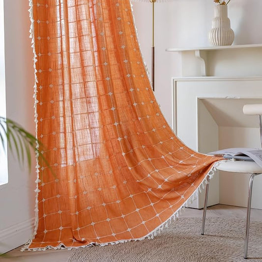 Sutuo Home Boho Curtains Plaids for Bedroom, Semi Blackout Linen Farmhouse Tassels Window Treatment Bohemian Embroidery Drape for Fall Halloween Decor, Rod Pocket 1 Panel 52" W x 84" L, Burnt Orange