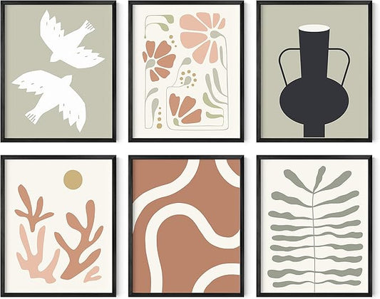 HAUS AND HUES Boho Pictures Wall Decor - Mid Century Modern Wall Art, Neutral Aesthetic, Botanical Wall Art Framed, Coral Artwork Wall Decor, Gallery Wall Frame Set 16x20 Framed Black