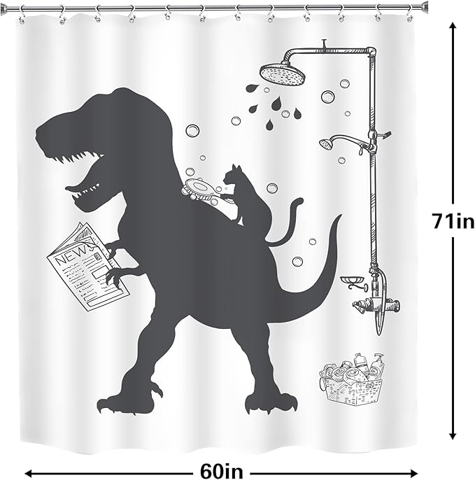 LGhtyro Funny Dinosaur Kid Shower Curtain Bathroom Set 60Wx71H Inches Cartoon Dino Cat Trex Animal Raptor Silhouette Shadow Bath Accessories Black White for Boys Art Home Decor Fabric 12 Pack Hooks