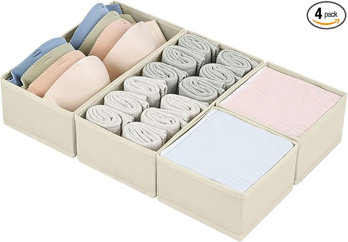 DIMJ Drawer Organizers Clothes, Set of 4 Dresser Organizer Bins, Fabric Closet Organizers and Storage, Shallow Drawer Dividers for Nursery, Clothing, Baby Clothes, Socks, Underwears, Tie (Beige)