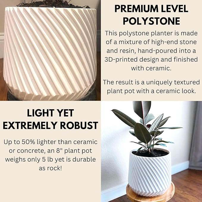 Fox & Fern 8 Inch Plant Pot with Drainage Plug — Premium Polystone White Plant Pot; Modern Planter with 3D Texture and Ceramic Finish; 8 Inch Pots for Plants Indoor & Outdoor; Lightweight