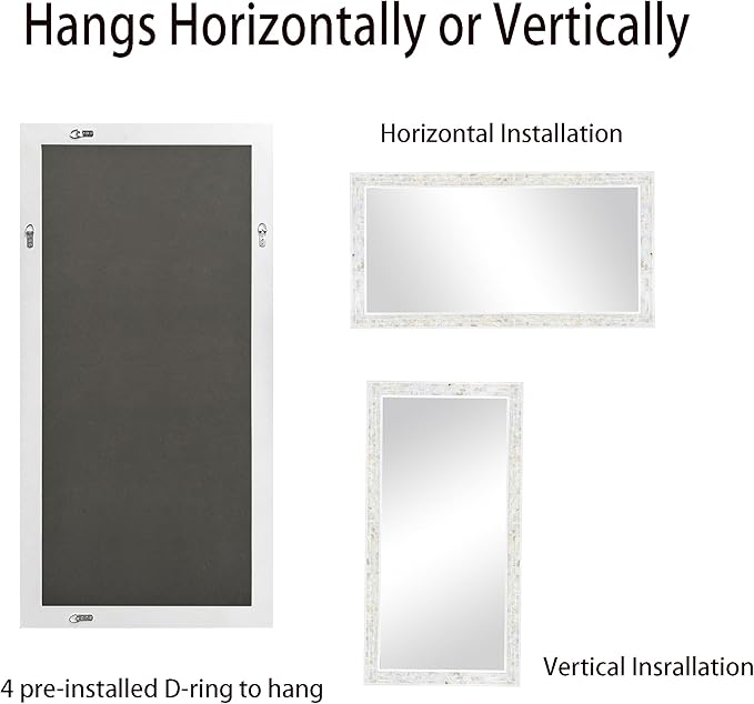 Tanmicoshomy 24 x 47Inch Rectangle Wall Mirror, Natural Shell Framed Rectangular Mirror for Bathroom, Vanity, Bedroom, Living Room, Entryway, Wall Mounted Horizontal or Vertical, White