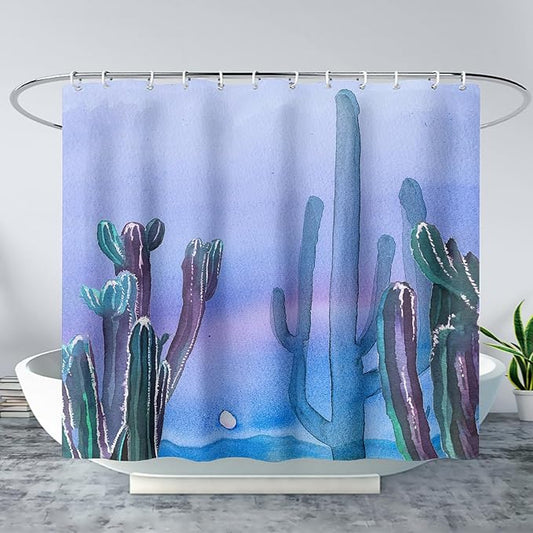 AILONEN Watercolor Cactus Shower Curtain,Blue-Purple Dreamy Theme Bathroom Fabric Shower Curtain for Boys Kids Teens, 60" W*72" H Night Cactus Forest Bathroom Decor