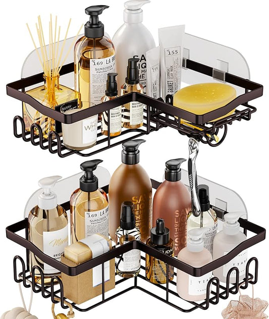 SWTYMIKI Stainless Steel Corner Shower Caddy, Shower Storage Basket Shelves with 11 Hooks, 2-Pack Shower Organizers Built-in Soap Holder No Drilling Shower Racks for Bathroom, Bronze