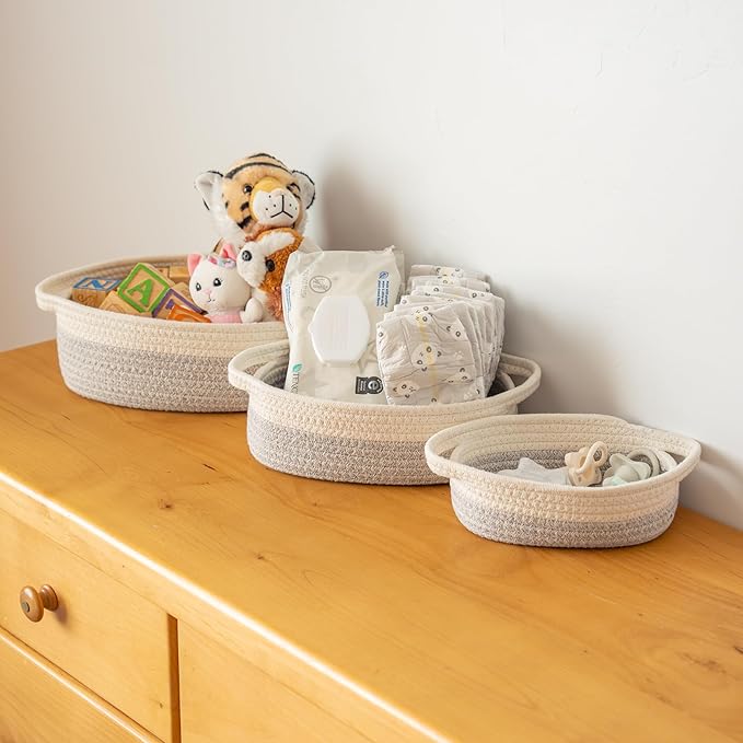 OrganiHaus Set of 5 Rectangle Bathroom Storage Baskets for Organizing, Small Woven Baskets for Storage Basket for Bathroom, Nursery Storage Basket for Baby Nursery Organization, Cute Bins, Gray/White