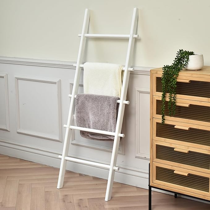 FUIN 57in Wood Blanket Ladder Living Room Decorative Wall Leaning Farmhouse Quilt Display Holder Rustic Wooden Towel Rack for Bathroom, White
