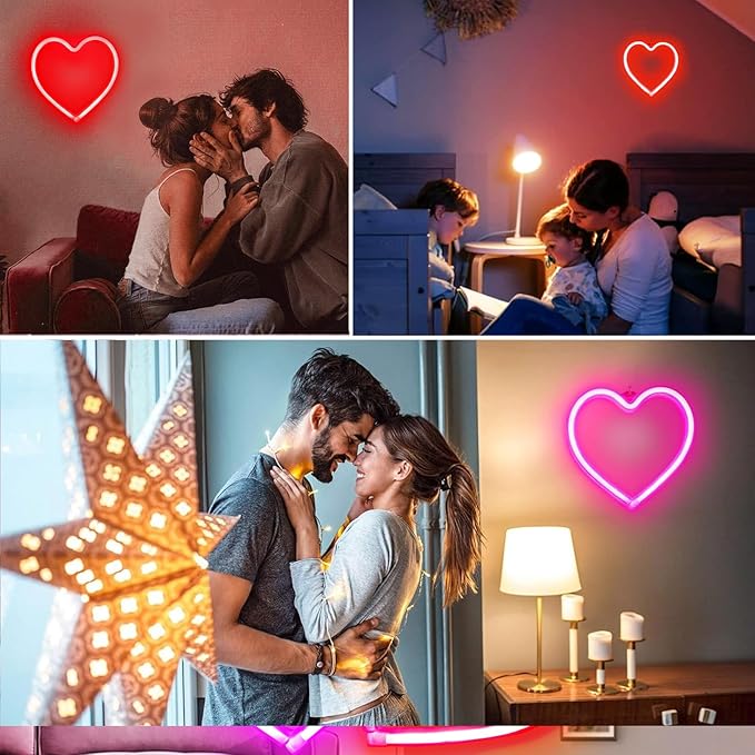 2-Pack Heart Neon Sign, Neon Heart Lights Battery Operated or USB Powered Decoration Lamp, LED Mothers Day Decoration Lights for Bedroom Girl's Room Birthday Party Wedding Christmas Décor (Pink & Red)