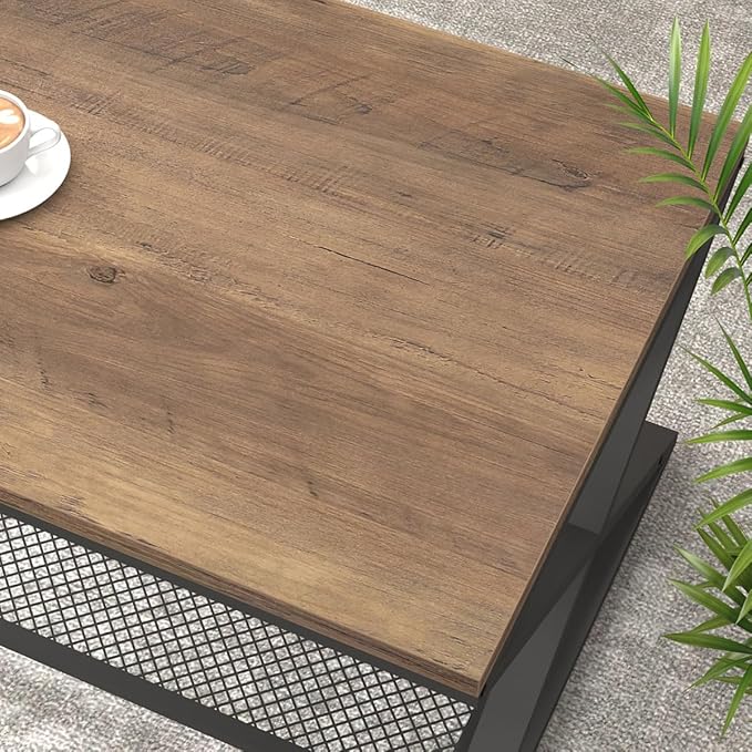 LVB Wood Coffee Table, Metal Wooden 2 Tier Center Tables with Storage, Industrial Cocktail Table with Shelf for Living Room, Farmhouse Rectangle Middle Table for Office Bedroom, 47 inch, Rustic Oak