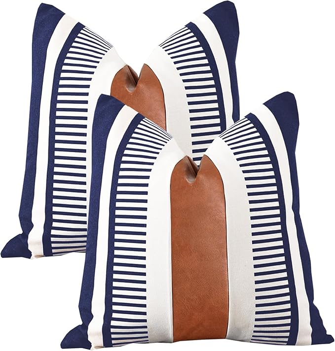 Decorative Accent Pillow Covers 20x20 Boho Couch Pillow Case Set of 2 Modern Farmhouse Stripe Cushion Cover for Sofa Bed Living Room, Navy Blue
