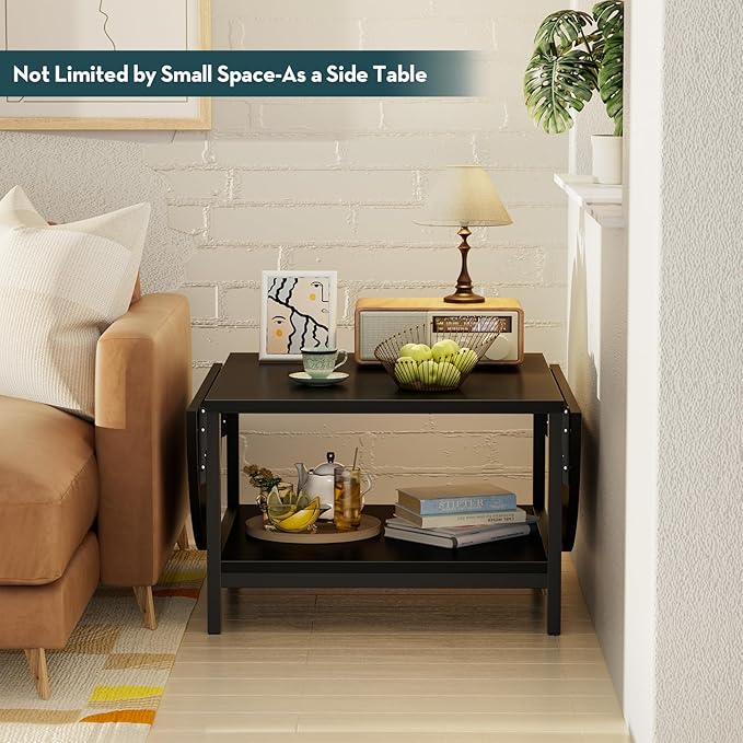 SAYGOER Black Coffee Table Modern Extended Coffee Tables with Storage for Living Room 2-Tier Unique Center Table with Two Foldable Panel for Any Large or Small Space, All Black