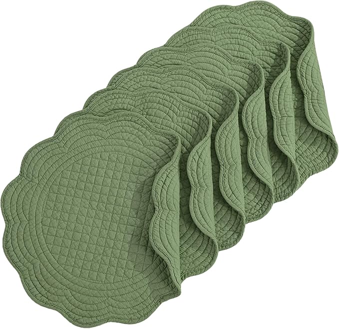 HOMBYS Quilted Placemats Set of 6 Washable Round Placemats for Kitchen Table-100% Cotton Fabric 13 Inch Round Table Mats, Cotton Fabric with Microfiber Filling (13"x13", Emerald Green)