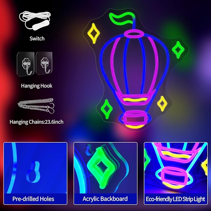 Hot Air Balloon Neon Signs for Wall Decor Blue Purple LED Light Sign for Preppy Room Decor Light Up Sign for Birthday Party Decoration USB Powered