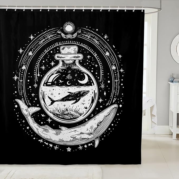 Feelyou Whale Shower Curtain Ocean Themed Fabric Shower Curtain for Kids Boys Girls Bohemian Galaxy Bathroom Waterproof Accessories with 12 Hooks Black and White Curtains,72X72 Inches