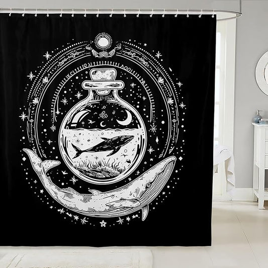 Feelyou Whale Shower Curtain Ocean Themed Fabric Shower Curtain for Kids Boys Girls Bohemian Galaxy Bathroom Waterproof Accessories with 12 Hooks Black and White Curtains,72X72 Inches