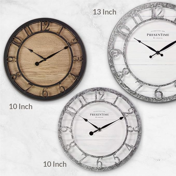 Presentime & Co 10" Farmhouse Series Wall Clock, Quartz Movement, Shiplap Style, Raised 3D Arabic Numeral, Galvanized Finish