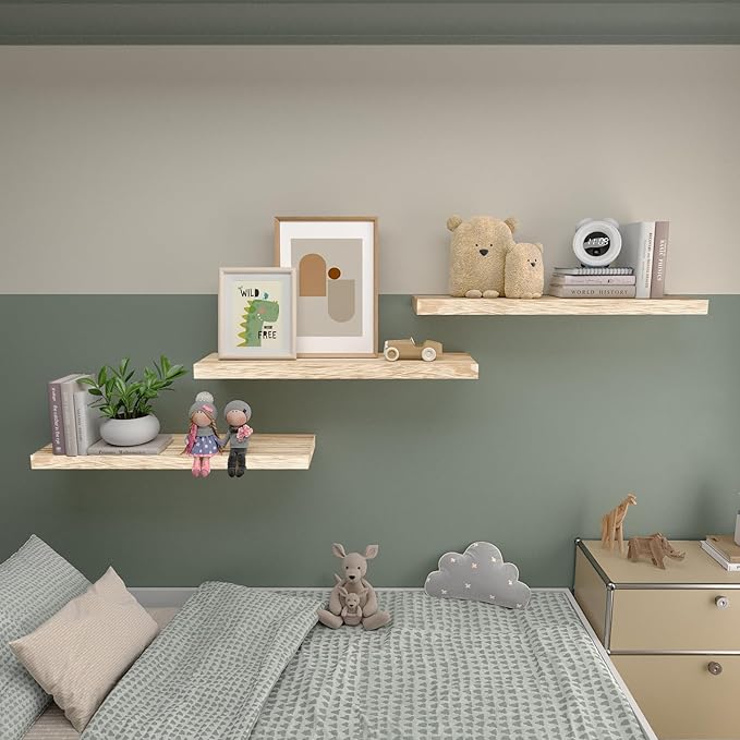 Floating Shelves 24 Inch Wall Shelf Solid Wood Mounted Storage for Bedroom Living Room Set of 3, Rustic Torched Wall Shelves