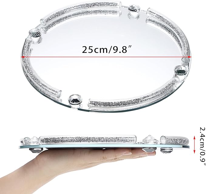 Hipiwe Crushed Diamond Perfume Tray - 9.8" Round Mirror Vanity Trays Glass Decorative Trays for Bathroom Countertop Cosmetic Makeup Organizer Tray Silver Jewelry Trays