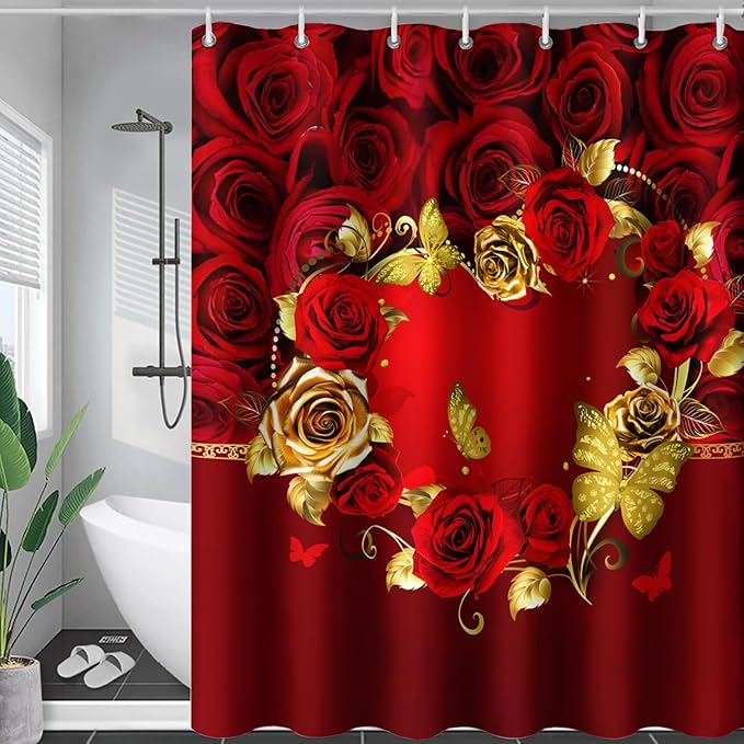AILONEN Red Rose Couple Shower Curtain,Red and Gold Hearts Printed Bath Curtain,Modern Waterproof Luxury Rose Themed Bathroom Decor, 72" W x 78" H
