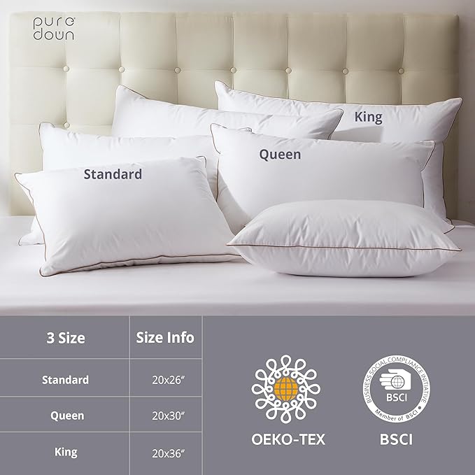 puredown Goose Feathers Down Pillows - Made in USA Soft Medium Support Hotel Pillow, 100% Cotton Cover, Luxury Bed Pillows King Size Set of 2 Pack Feather Pillows