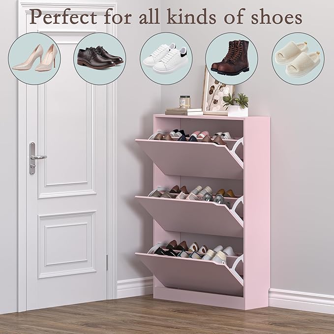 Shoe Cabinet with 3 Flip Drawers, Hidden Wood Shoe Cabinet,Freestanding Shoe Storage Cabinet for Entryway Hallway.White. 47.2" H*31.5" W*9.25" D (Pink)