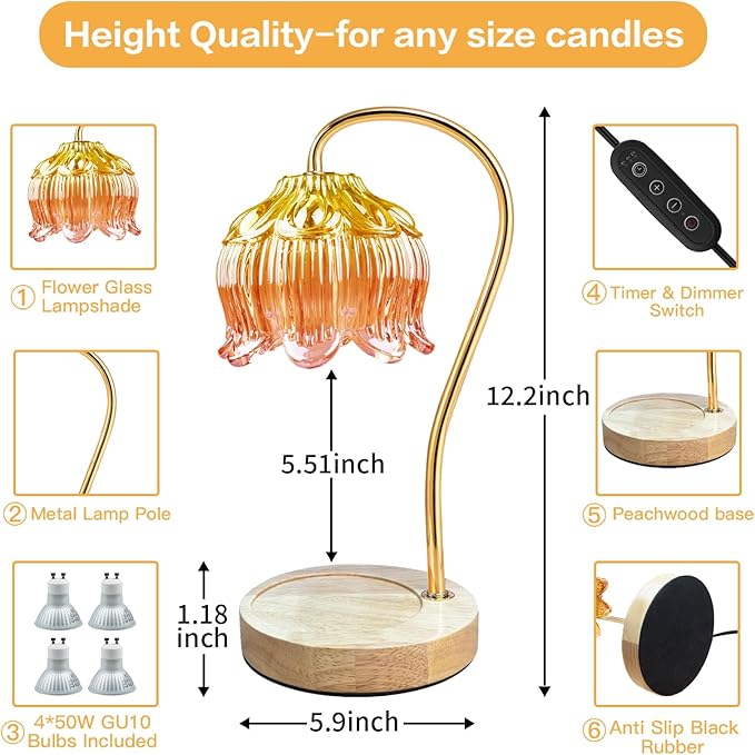 Dimmable Flower Candle Warmer Lamp, Orange Candle Warmer with Timer & 4Bulbs, Womens Gifts for Christmas Birthday, Unique Home Decor for Bedroom Living Room Decor Aesthetic