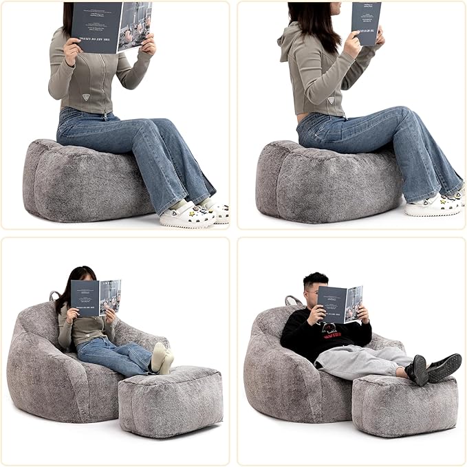 HollyHOME 15"(H) Bean Bag Ottoman Pouf, 6.6LB Memory Foam Filled Footstool for Sofa, Accent Stuffed Footrest Stool with Washable Cover, Single Footrest Stool for Living Room, Bedroom, Coffee