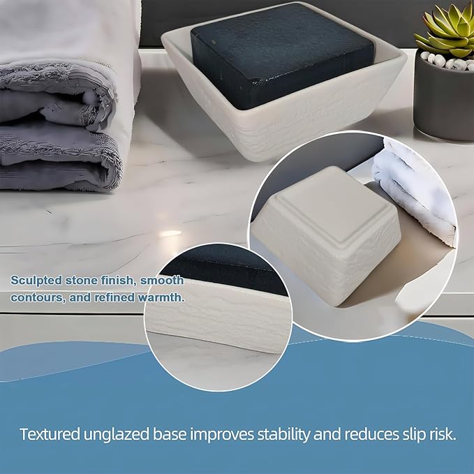Ceramic Soap Dish, Vonpri Soap Holder Tray, Non-Slip Square Soapbox Container for Handmade Bar Bathroom Sink, Countertop, Shower Stone Texture (White)