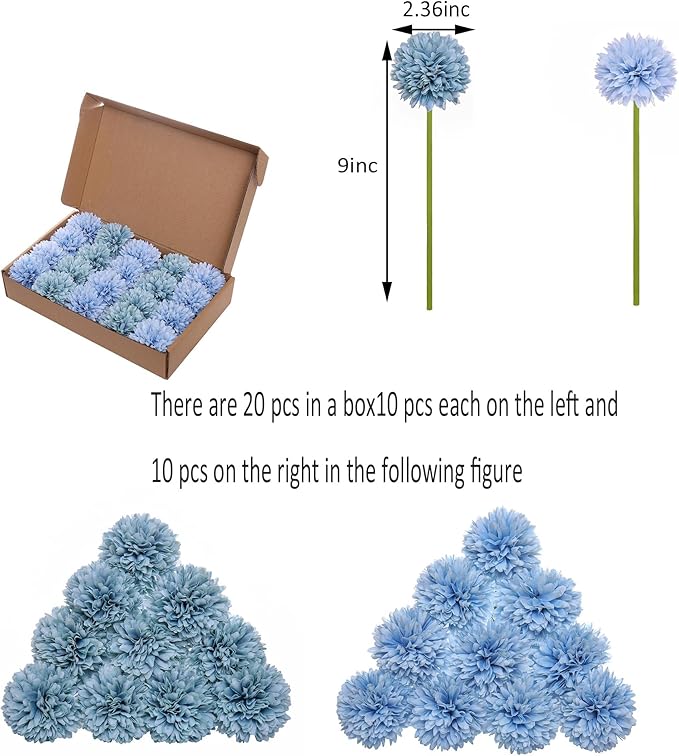 Kimura's Cabin 20Pcs Fake Silk Chrysanthemum Flower Artificial Flowers Ball Flowers Fake Mums Flowers Wedding Arrangements Decor Bouquets Home Festival Table DIY Decoration Center (Blue)