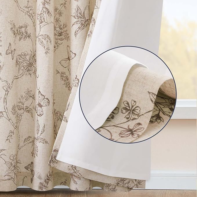 jinchan Floral Curtains Lined Linen Blend Curtain for Living Room 63 Inch Length Taupe Farmhouse Flower Patterned Curtain French Country Curtains Drapes Back Tab Rod Pocket 2 Panels
