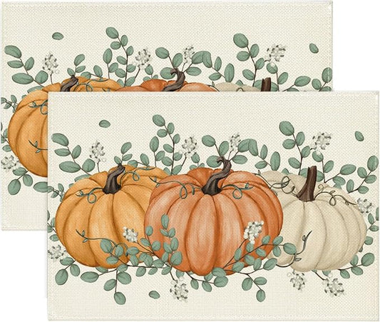 Artoid Mode Orange Pumpkin Eucalyptus Fall Placemats Set of 2, 12x18 Inch Seasonal Table Mats for Table Runner Party Kitchen Dining Decoration