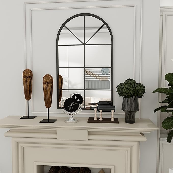 Arched Wall Mirror Wall Decorative, Iron Framed Window Pane Mirrors,38" x 24" Window Mirror, Arched Top Wall Mirror for Entryway Living Room, Bedroom, Fireplace .(Black)
