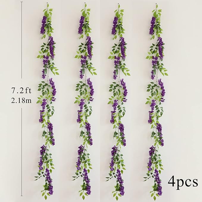 Wisteria Artificial Flowers Garland, 4Pcs Total 28.8ft Silk Faux Wisteria Vine Kit, Hanging Flower Plant for House Outdoor Garden Ceremony Outside Wedding Arch Floral Decor (4, Purple)