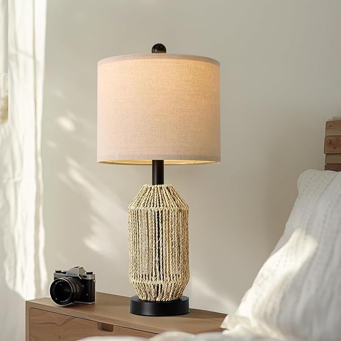 OYEARS 21" Boho Table Lamps Set of 2 for Living Room, Bedside Lamps for Nightstand, Rattan Lamp for Bedroom, Farmhouse Table Lamps for Boho Decor, End Table, Retro, Black