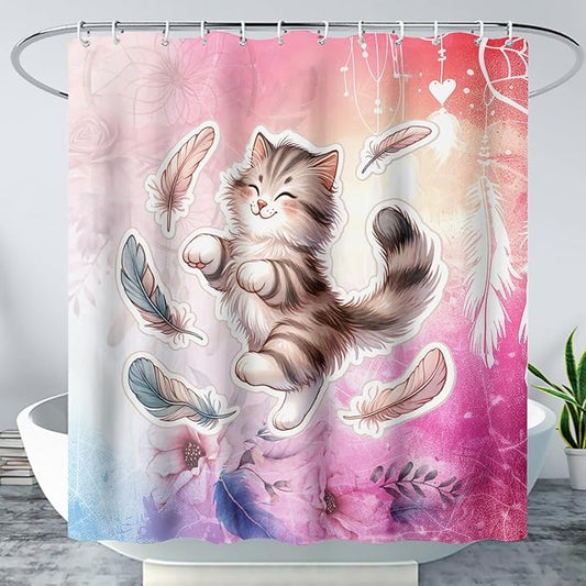 AILONEN Cartoon Cat Shower Curtain,Kawaii Dance Kitten and Feathers Bathroom Curtain Set for Kids Boys,Cute Animal Kittens Waterproof Shower Curtain for Bathroom, 72" W*96" H Pink