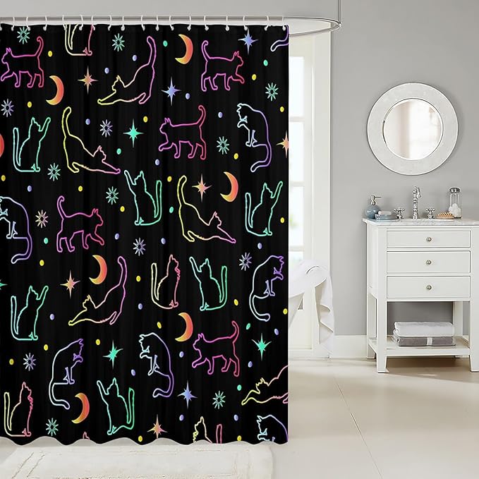 Cartoon Cats Kids Shower Curtains,Sun Moon Starry Sky Outer Space Boho Bathroom Curtains for Girls Boys,Cartoon Pet Animals Silhouettes Colorful Waterproof Curtains,12 Hooks Suits,72"W x 72"L