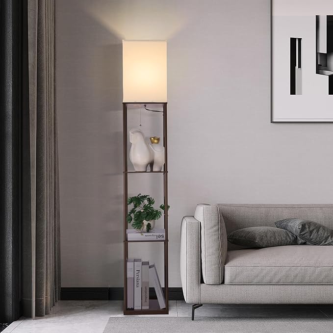 Floor Lamp with Shelves, Modern Square Standing Lamp with 3-Color Remote Control Dimming Bulb, Corner Display Bookshelf Lamp for Living Room, Bedroom and Office (brown-9YK)