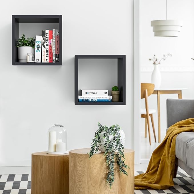 Kaboon Cube Shelves Set2, Black Display Shelves Wall Mount 7.75" D x 12.5" W x 12.5" H, (Black, Square 2 Cubes)